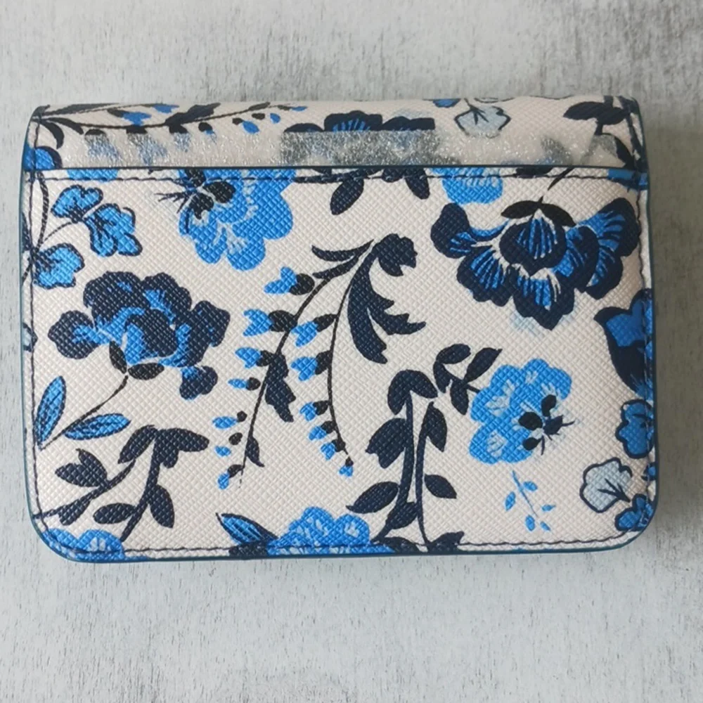 Kate Spade Madison Vase Floral Printed Med Blue White Bi-Fold Leather Wallet